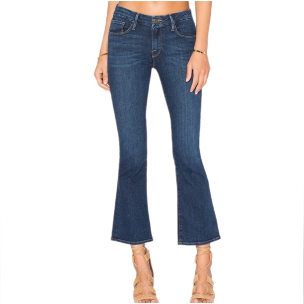 FRAME Denim Le Crop Mini Boot Jeans Sz 24 Raw Hem Dark Wash Stretch Y2K Flare